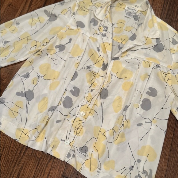 Dior Vintage Classic Feminine Button Up Yellow and Gray Patterned Blouse Size 6 - Picture 2 of 7